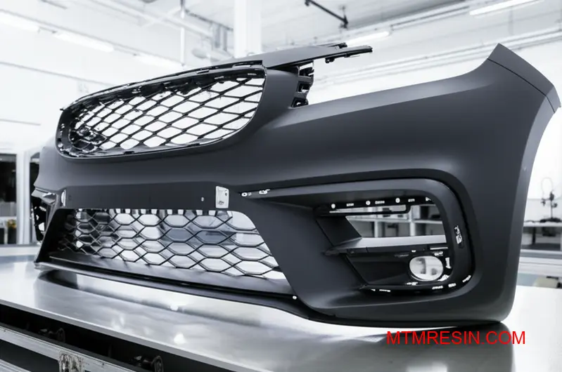 A close-up of a charcoal automotive bumper made from a high-performance thermoplastic olefin grade.