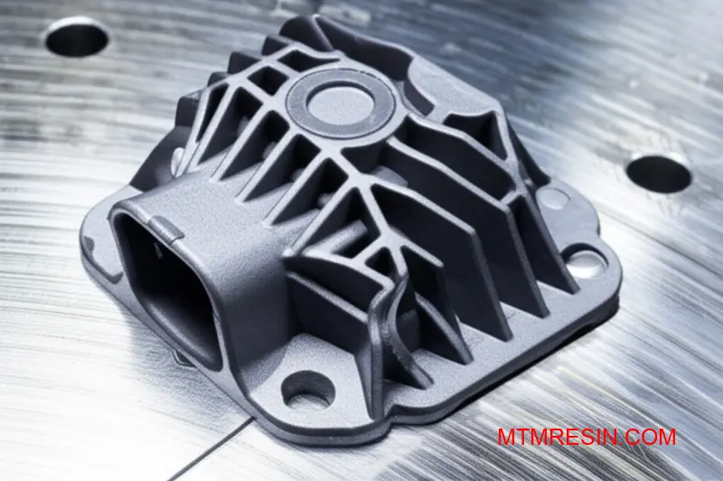 A detailed, dark grey PBT resin component showcasing high dimensional stability for precision engineering.