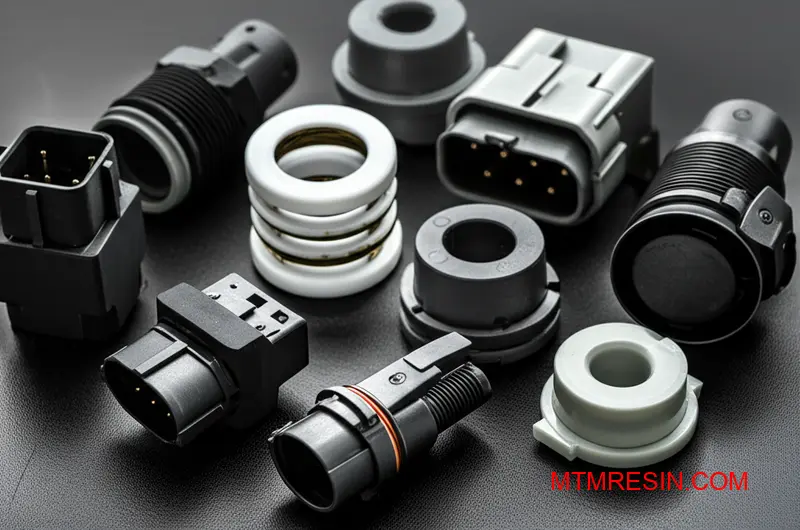 An array of intricate components manufactured from high-performance PBT resins, showcasing different finishes.