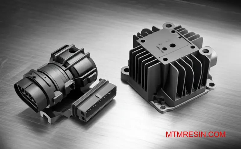 A detailed close-up of automotive and electrical components made from a durable thermoplastic polyester.