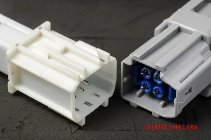 A close-up of two industrial connectors showing the surface difference between unfilled and glass-reinforced polybutylene terephthalate.