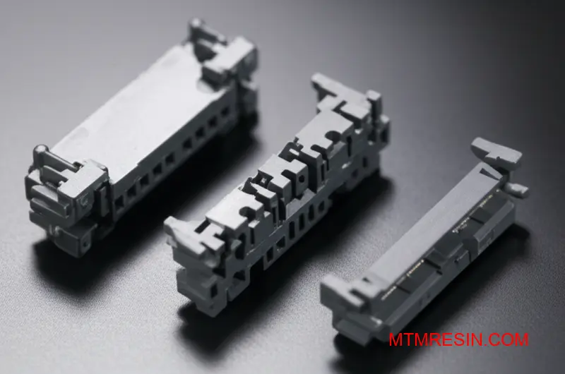 A close-up of dark gray, flame-retardant PBT thermoplastic resin connectors for electronic applications.