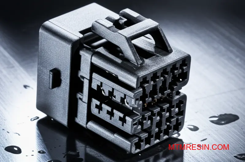 Close-up of a robust PBT thermoplastic connector, ideal for automotive electrical systems in wet environments.