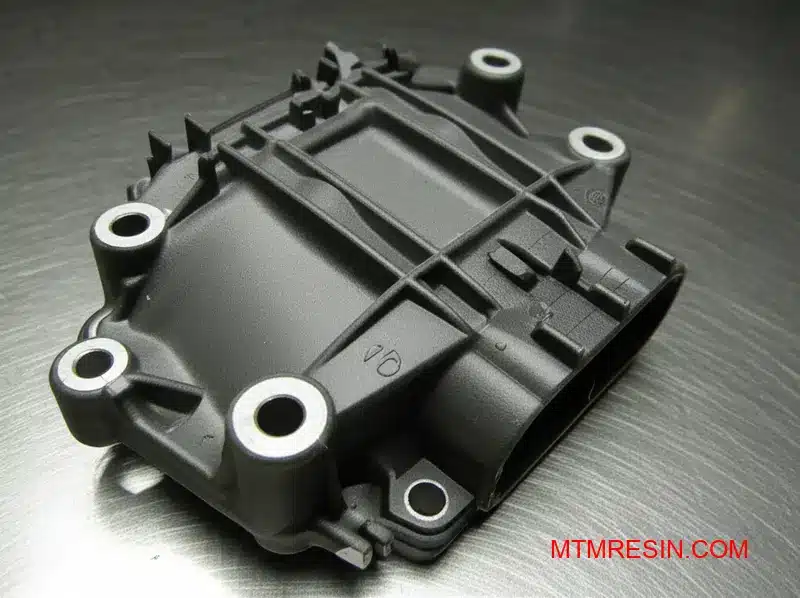 A close-up of an intricate, dark grey glass-filled PBT polymer component on an engineering surface.