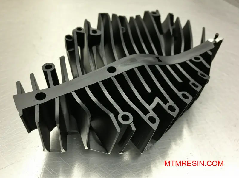 A close-up of a warped black PBT plastic part demonstrating a common injection molding defect.