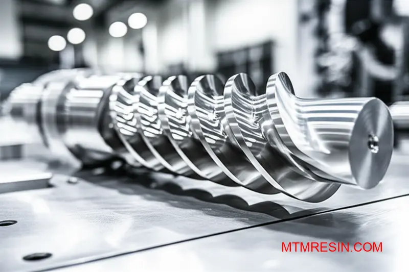 Detailed close-up of an injection molding screw used for thermoplastic polymers like PBT resin.