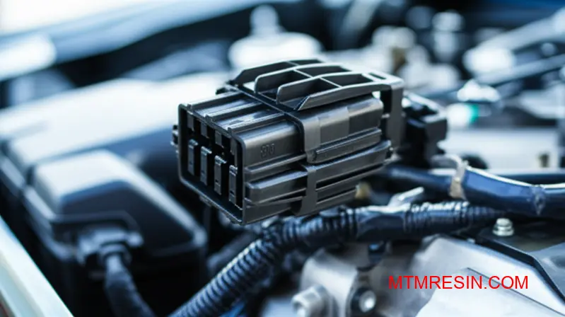 Durable polybutylene terephthalate automotive connector resisting harsh engine bay conditions.