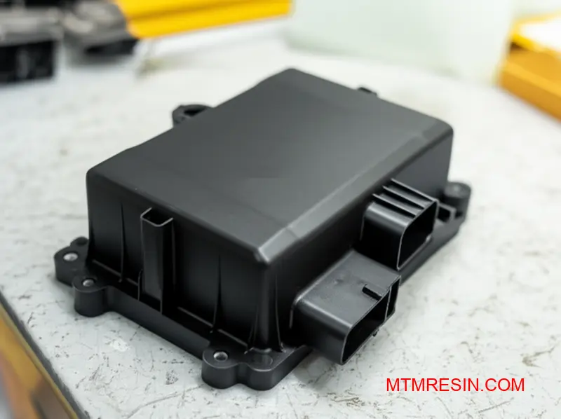 Black polycarbonate ABS blend automotive housing component displaying engineering grade material properties and precision molding quality