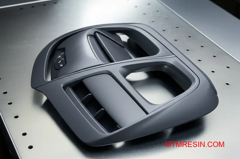 An intricate automotive interior part made from a durable polycarbonate ABS blend, showcasing precision molding.