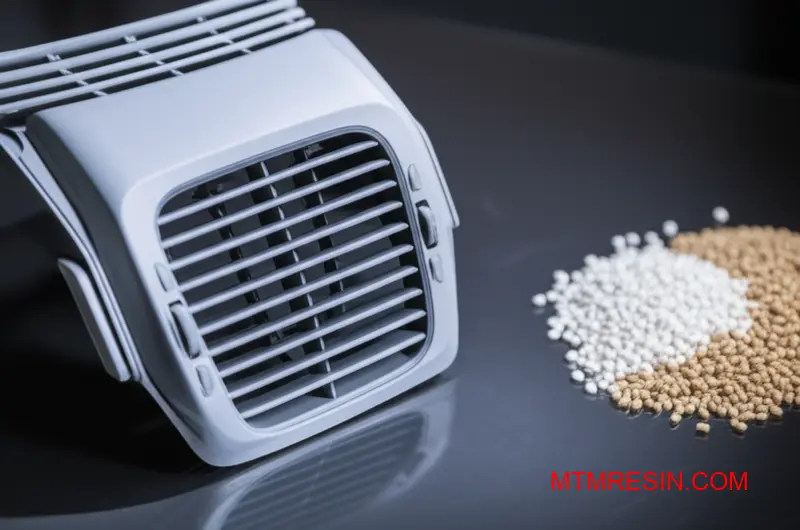 A close-up of a sophisticated automotive component next to the polycarbonate-ABS composite granules it is made from.