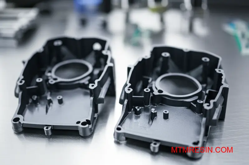 Close-up of complex electronic housings made from a high-flow PC+ABS polycarbonate blend.