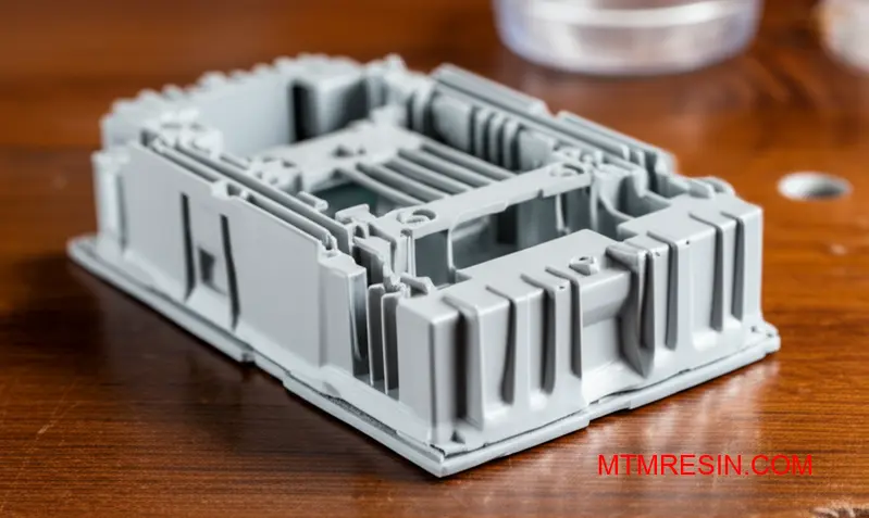 An intricate flame-retardant plastic housing, showing the molding complexity of PC/ABS blends like Bayblend.