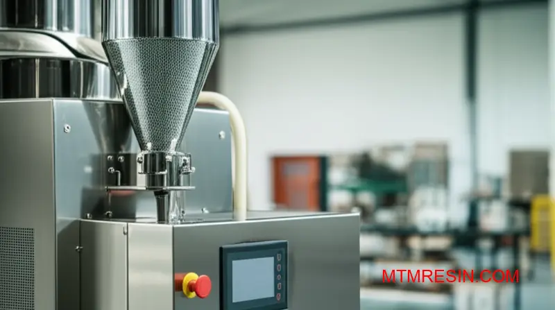 An industrial desiccant dryer preparing a PC/ABS polymer blend for high-quality molding.