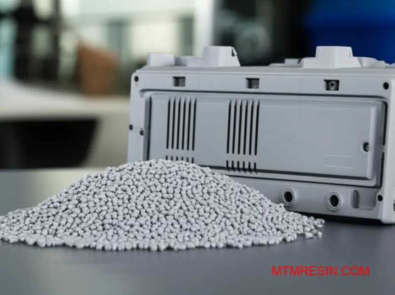 A close-up of PC+ABS blend pellets and a resulting precision-molded electronic part.