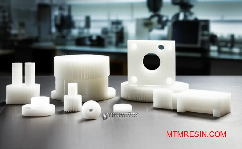 Premium acetal homopolymer Delrin components including gears and precision housings demonstrating superior dimensional stability for demanding mechanical applications