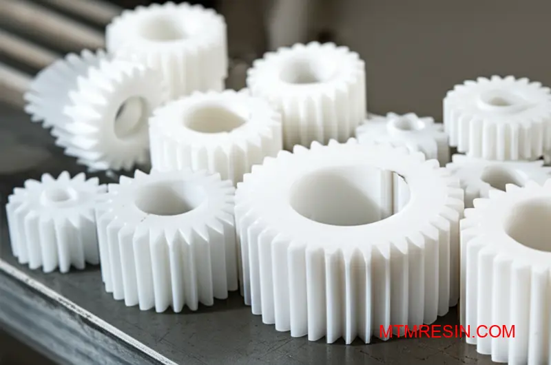 A set of high-performance POM gears made from Delrin resin, highlighting material durability.