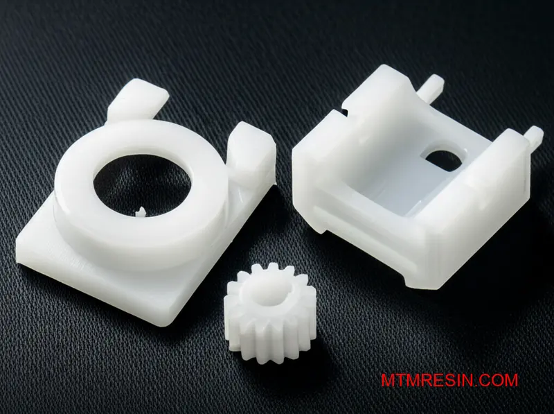 A collection of white general-purpose acetal polymer parts, including gears and clips, on a workbench.