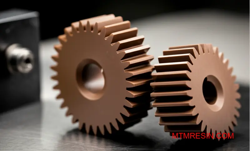 Two interlocking brownish precision gears made of a self-lubricating Acetal PTFE composite material.