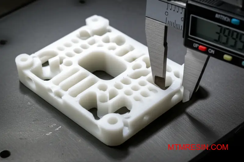 A digital caliper measures a complex white acetal polymer component to ensure dimensional accuracy.