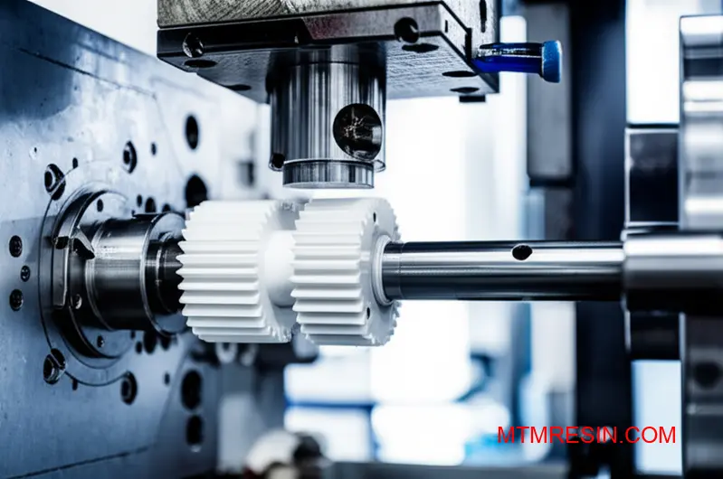 Intricate white acetal plastic part being ejected from an industrial molding machine.