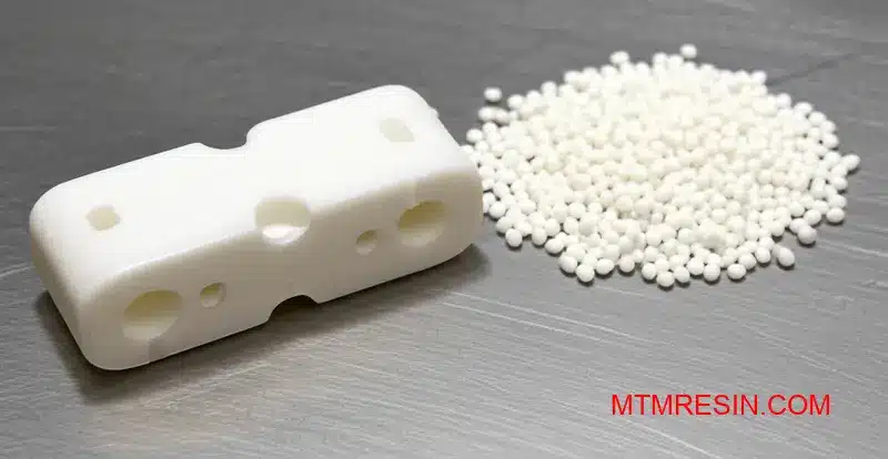 A precision white POM component for medical applications next to its raw resin pellets.