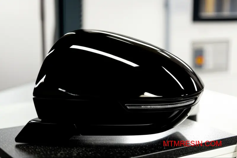 A close-up of a glossy black automotive mirror housing made from heat-resistant ASA polymer.