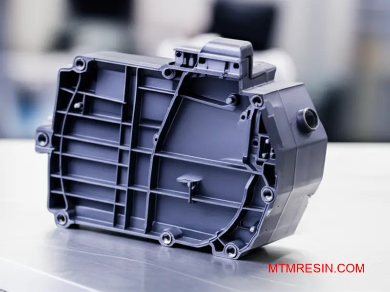 An injection-molded Luran S structural component showcasing engineering details like ribs and snap-fits.