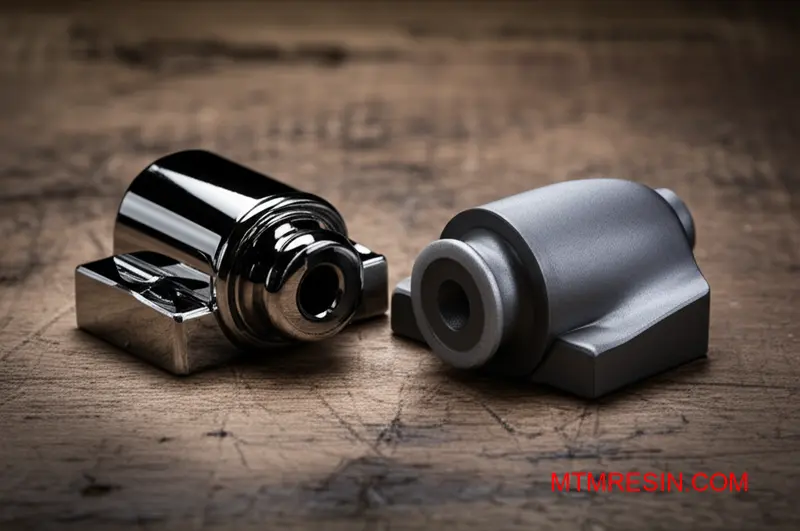 A close-up of two identical Luran S ASA polymer parts, one displaying a glossy surface and the other a matte finish.