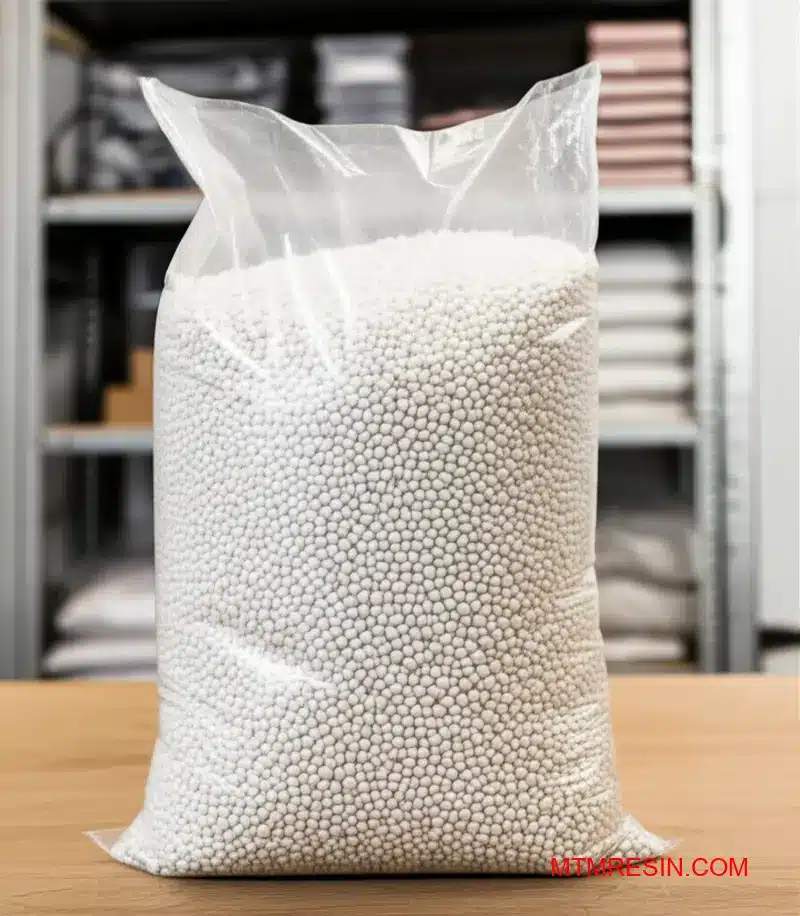 A bag of Luran S 778T ASA thermoplastic granules ready for a mold trial.