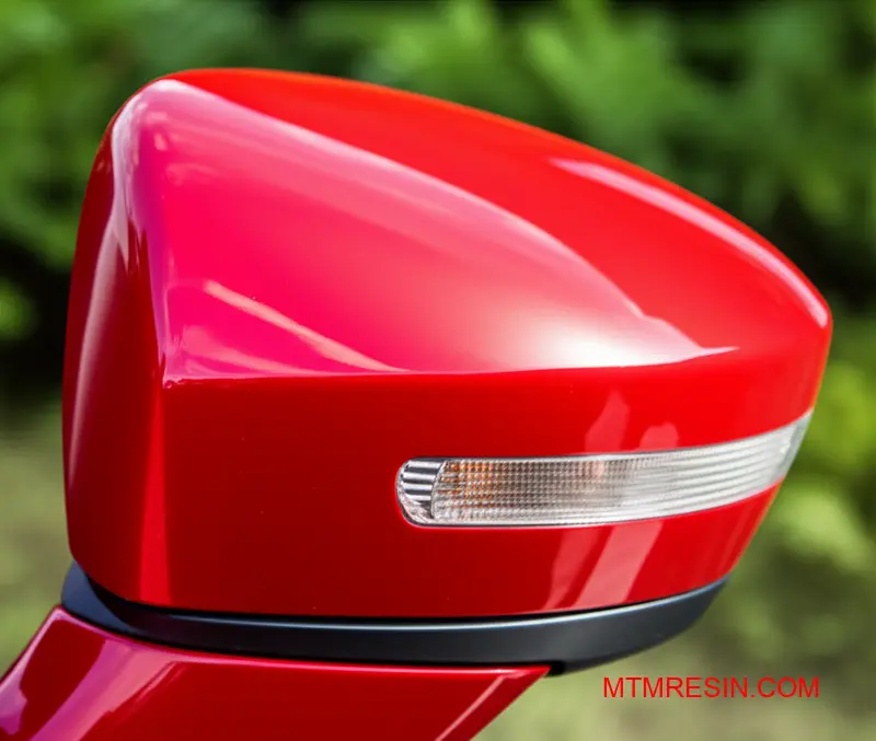 Błyszczące, czerwone lusterko samochodowe wykonane z trwałej mieszanki polimerów ASA, zachowujące swój żywy kolor na zewnątrz.