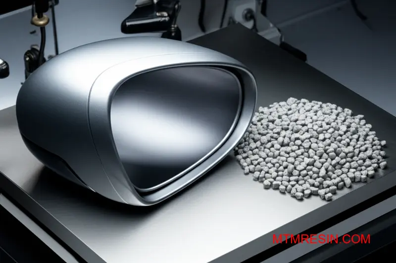 Spójne granulki żywicy klasy ASA+PC i pasująca część obudowy lusterka samochodowego.