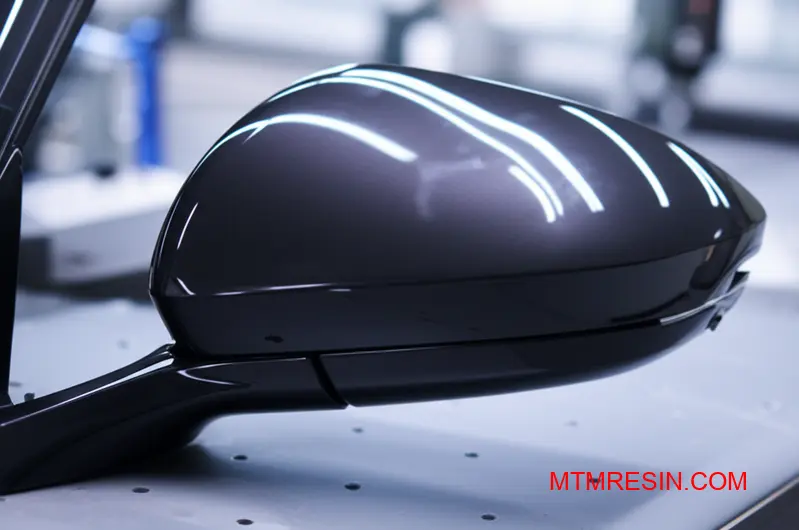 A close-up of a high-gloss gray car mirror housing, an example of a high-performance PC ASA part.