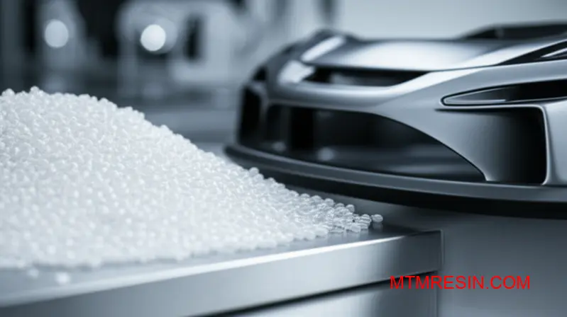 Autentyczne granulki żywicy HRA170 obok precyzyjnie uformowanego elementu samochodu na stole warsztatowym.