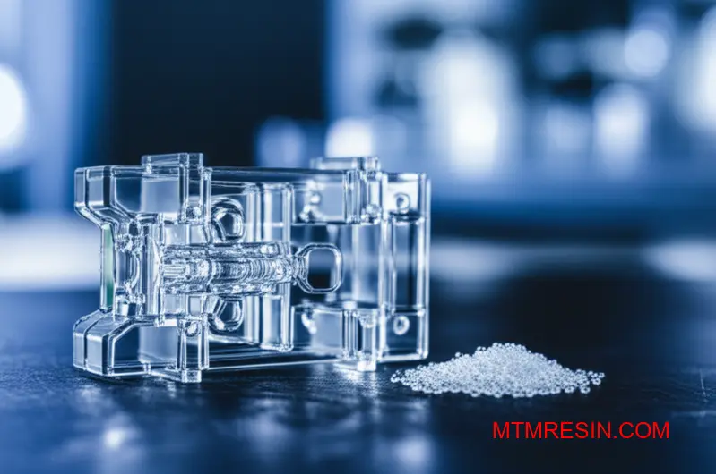 Une photo macro détaillée d'une pièce moulée en ABS Toray clair à côté de ses granulés transparents bruts.