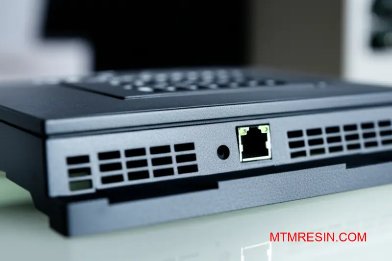 Gros plan sur un boîtier électronique moderne en plastique ABS Toray résistant au feu.