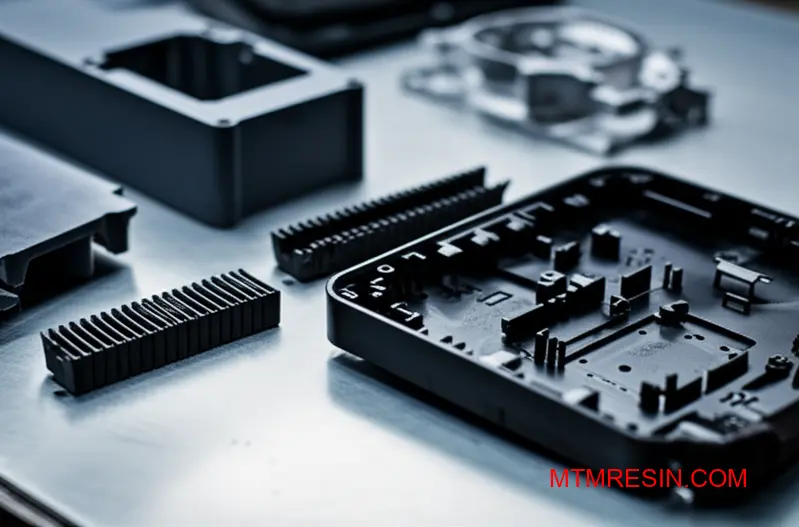 Gros plan sur des composants durables et complexes fabriqués en polymère ABS Toyolac.