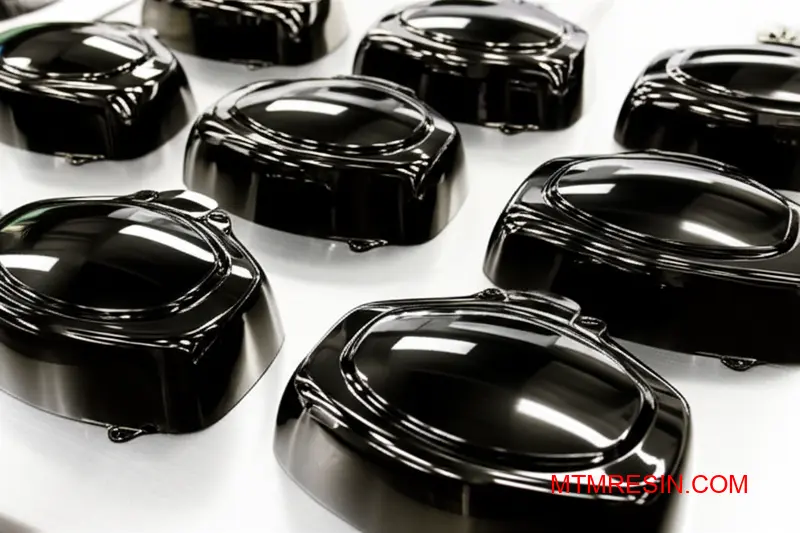 A close-up of several flawless, mirror-finish black ABS plastic components with a perfect reflective surface.