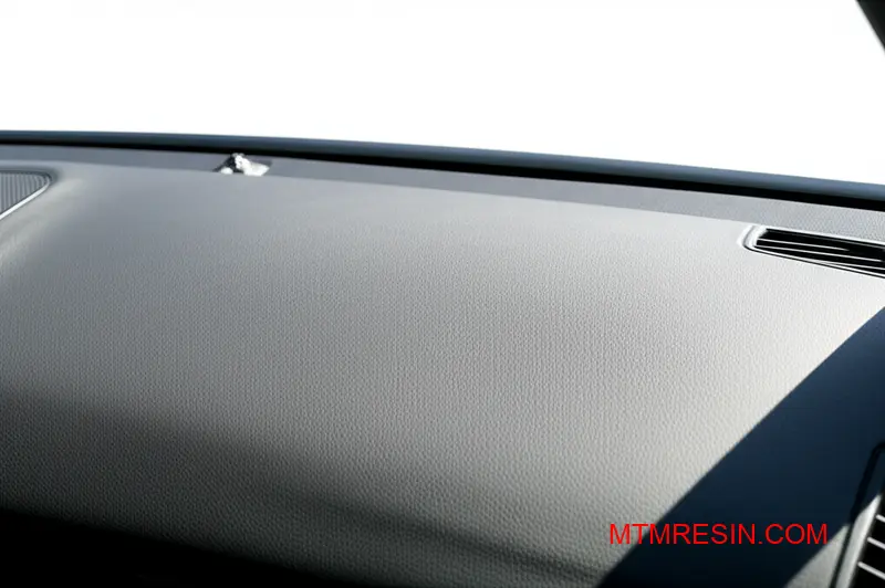 Tableau de bord d'une voiture éclairée par le soleil, fabriqué à partir d'un mélange durable d'acrylonitrile et d'acrylate de styrène, dont les couleurs ne s'altèrent pas.