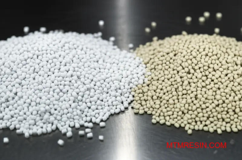 Deux piles de granulés de résine ABS blanc et blanc cassé, représentant un matériau et son alternative.