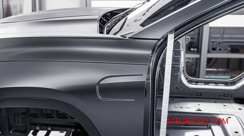 Et nærbillede af en bildel af mineralfyldt polymer med lav ekspansion, der er perfekt tilpasset et metalchassis.