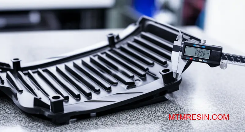 En skæv plastdel til en bil, der ikke består inspektionen - en risiko, når man ikke bruger ægte polypropylenkomposit.