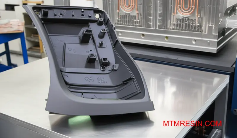 En kompliceret bildel fremstillet af højtydende termoplast vises ved siden af sin præcisionssprøjtestøbning med kølesystem.