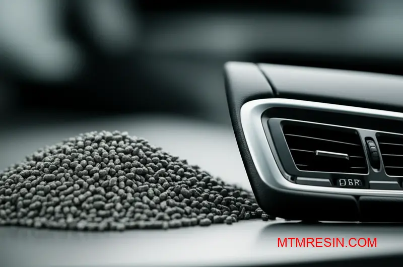 En bildel ved siden af de genbrugte termoplastiske polypropylenpiller, som den blev lavet af, hvilket demonstrerer materialecirkularitet.