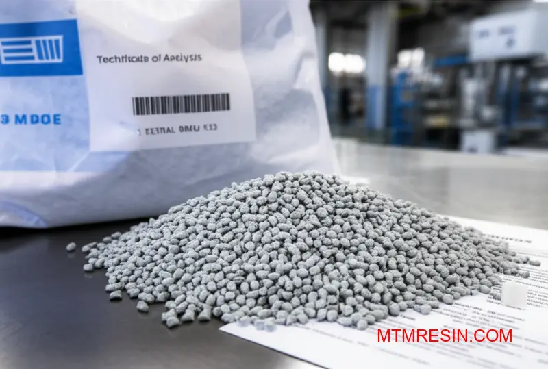 Godkendelse af avancerede polymergranulater som Exxtral BMU med deres analysecertifikat og emballage.