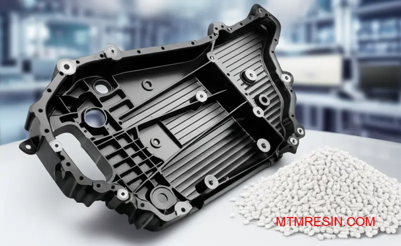 En konstruktionsdel för fordonsindustrin tillverkad av 30% lång glasfiberarmerad polypropylenplast.