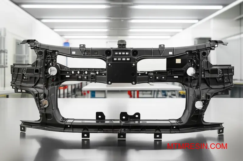 Strukturell framvagnshållare för bilar tillverkad av en högpresterande termoplastisk komposit med långa fibrer.