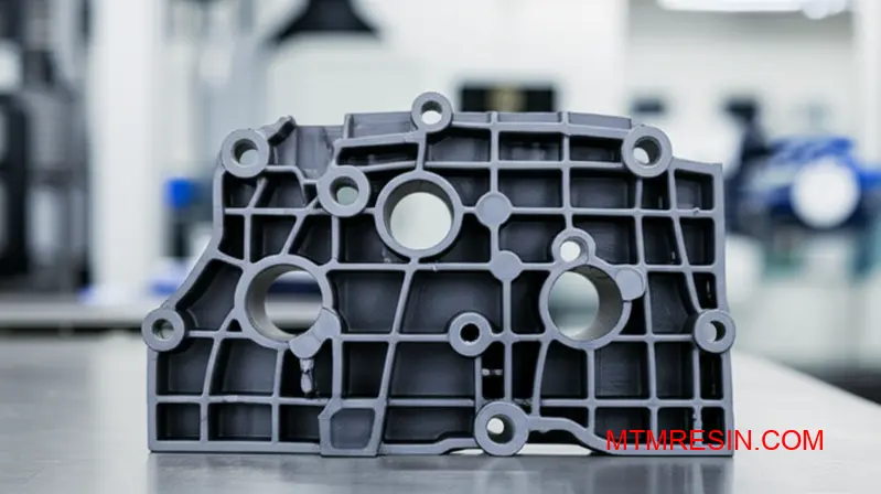 En närbild av en komplex kolgrå del tillverkad av STAMAX 30YM240-polymer, som visar dess strukturella integritet.