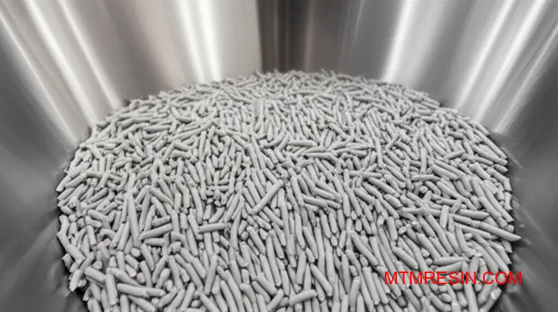 Stavformade STAMAX-polymergranulat sammanflätade och blockerade en maskins inmatningstratt.