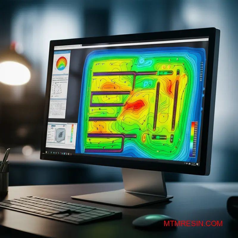 Närbild av en formflödesanalys för en termoplastisk detalj med långa fibrer, som visar fiberorienteringsvektorer.