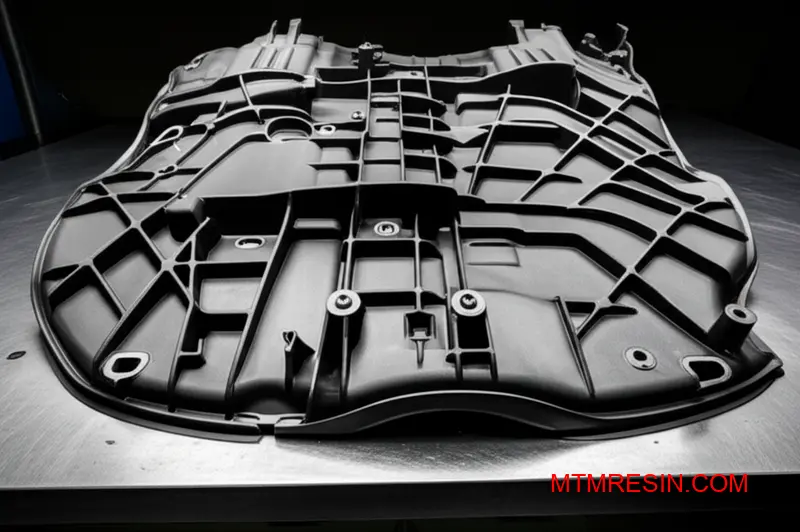 Stor grå konstruktionsdel av lång glasfiberarmerad polypropylenkomposit på en arbetsbänk.